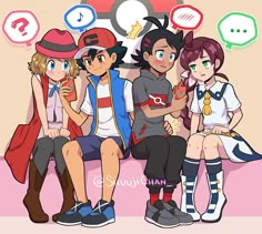 some people are sitting on a bench with pokemon pikachu and other anime characters