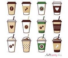 different types of coffee cups with lids and straws