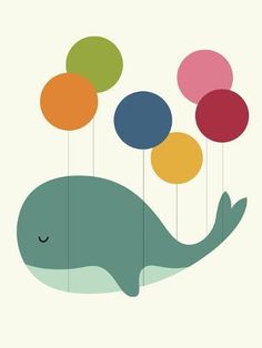 a whale with balloons floating from it's mouth canvas art print on white background