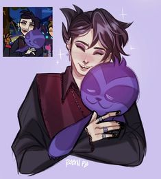 a drawing of a man holding a purple cat in front of his face and the caption that says, i'm sorry