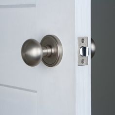 an open door with a metal handle on the front and side doors are white in color