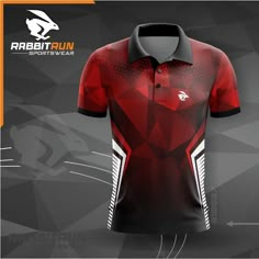 a red and black polo shirt with an abstract design on the chest, front and back