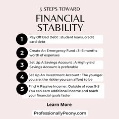 the five steps to financial stabiity info sheet with text that reads, 5 steps toward financial stabiity