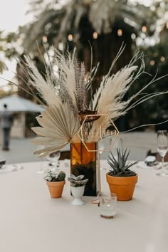 a table topped with plants and vases on top of a white cloth covered table