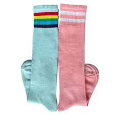 Rainbow-striped, knee-level, blue, pink and white socks are the most popular among young & Roller Skaters. As a result of being produced by soft cotton, these long socks don't sweat your feet and don't squeeze your leg. Suitable for daily use, comfortable, trendy socks. White - 20.5inch / 52cm Pink 14inch / 36cm Blue 11.5inch / 29cm Standard Size - Fits: 3 - 7.5UK / 36 - 39EU %80 cotton + %17 Poliamid %3 Spandex Fibre Are you looking for knee-level socks? Here is the link:  https://www.etsy.com/ Skate Socks, Trendy Socks, Roller Skaters, Socks Gift, Blue Socks, Pink Socks, Roller Skate, Long Socks, Knee Socks