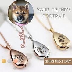 three different styles of necklaces with an image of a dog