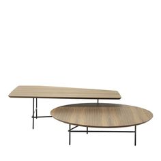 two wooden tables with black metal legs and one is on the floor, while another table has