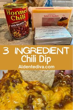 three ingredient chili dip recipe with tortilla chips and hot sauce in the background