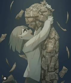 a woman is hugging a man with money falling from her back in front of her