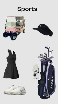 various types of golf gear including hats, shoes and bags are shown in this image