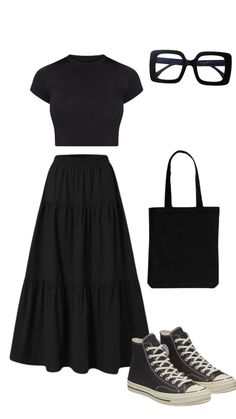 Summer Outfit With Converse, Black Skirt Maxi Outfit, Styling Basic Tees Outfit, Outfits With Black Maxi Skirt, Styling Black Maxi Skirt, Maxi Skirt Black Outfit, Fitted Maxi Skirt Outfit, Black Maxi Skirt Outfits, Black Maxi Skirt Outfit Ideas