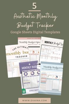 the five month planner with text overlay that says, 5 aesthetic months budget trackerr google sheets digital templates