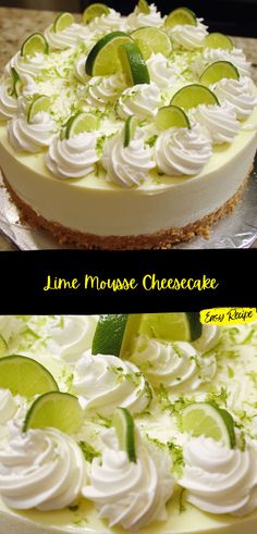 lime mousse cheesecake with whipped cream and lime wedges on the top