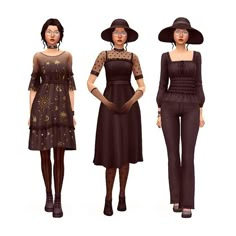 three women in black dresses and hats standing next to each other with their hands on their hips