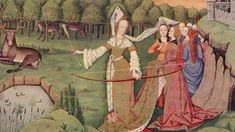 an old painting with women dressed in medieval clothing