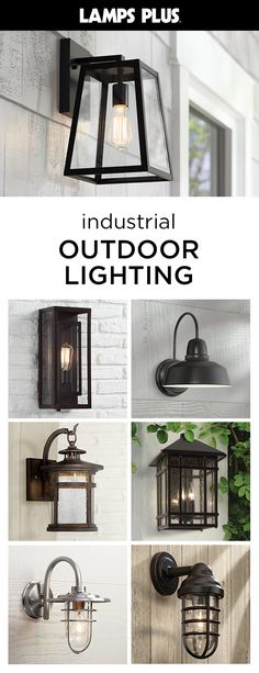 an outdoor light fixture is shown with the words industrial outdoor lighting above it and below it