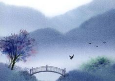 a painting of a bridge and trees with birds flying over it in the foggy sky