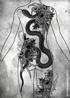 a drawing of a woman's body with flowers and snakes on it, in black and white