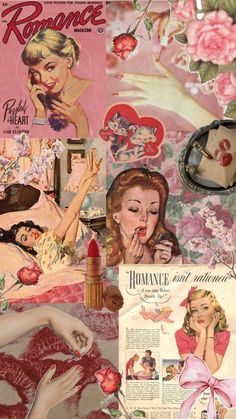 a collage of women with lipstick and roses on it's face, including an advertisement for romance