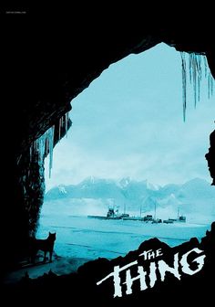 a movie poster for the thing with an image of a man and a dog standing in front of a cave