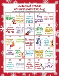 the 25 days of holiday activities with your dog on a red and white snowflake background