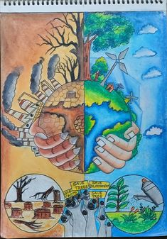 a drawing of the earth with trees, buildings and people holding hands in different directions