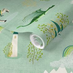 a green wallpaper with birds and trees on it