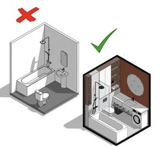 a bathroom with a toilet, sink and bathtub is shown in two different positions