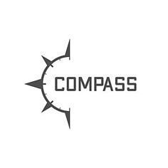 compass logo with the word compass on it and an arrow pointing up to the right