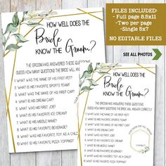 two printable wedding game cards with the words how well does the bride know the groom?