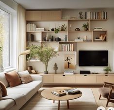 a living room filled with furniture and a flat screen tv mounted on a wall next to a window