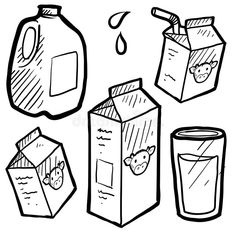 hand drawn milk cartons and jugs with liquid on white background stock photo, royalty illustration