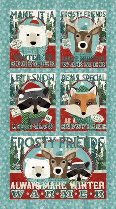 four christmas cards with animals on them and the words, make it a snowflake