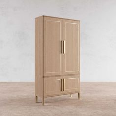 a tall wooden cabinet with two doors on the front and one door open to reveal an empty room