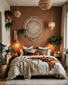 a bedroom with brown walls and white bedding