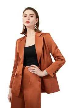 Caramel Wide Leg Loose Fit Pantsuit - FashionByTeresa Luxury Pants With Flap Pockets For Fall, Luxury Fall Pantsuit With Pockets, Luxury Tailored Pants With Hip Pockets, Luxury Fall Suit With Welt Pockets, Luxury Wide-leg Pantsuit For Fall, Luxury Blazer With Buttoned Pockets For Fall, Luxury Business Pants For Women, Luxury Long Sleeve Fitted Pantsuit, Luxury Fitted V-neck Pantsuit