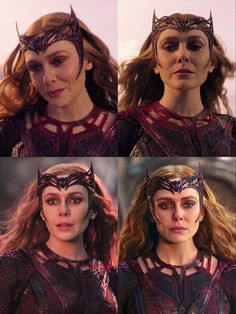 three pictures of the same woman in different costumes, one with horns on her head