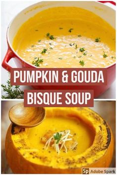 pumpkin and gouada bisque soup in a red bowl