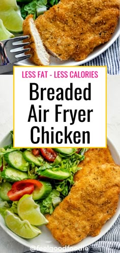 two plates filled with breaded air fryer chicken next to salad and lettuce