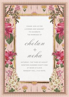 a pink and gold wedding card with flowers