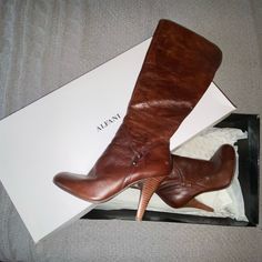 Comes With Shoe Box, (Shoes Are Not Alfani Brand). Like Brand New! They Are In Really Great Condition, Have Some Wear On The Bottom Of Boots. Gorgeous Brown Color. Has Small Heel. Vintage Pumps, Brown Leather Heels, Leather Heeled Boots, Box Shoes, Light Brown Leather, Europe Trip, Boots Brown, Heart Eyes, Nine West Shoes