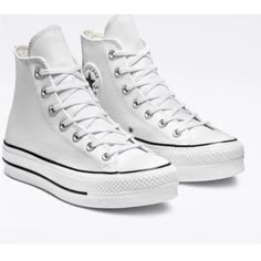 Elevate Your Style With These White Chuck Taylor All Star Lift Platform High-Top Sneakers From Converse. Featuring A Lace-Up Closure And A Durable Leather Upper, These Shoes Are Perfect For Both Activewear And Casual Occasions. The Shoes Come In Women's Size 8.5 Us, 6.5 Au, 5.5 Uk, And Eur 39. The Shoes Are Adorned With The Iconic Converse Logo And Feature A Solid Pattern With Star-Themed Accents, Making Them A Stylish Choice For Any Outfit. The Shoes Are Customized With A Comfortable, Fabric In Converse Pictures, Chuck Taylor Platform, Shoe Converse, Womens High Top Shoes, Plateau Sneaker, Chuck Taylor All Star Lift, High Top Shoe, Dr Shoes, Fotografi Digital