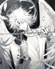 an anime character with white hair holding a bow and arrow in her hands, looking at the camera