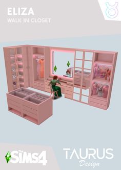 an image of a woman sitting in a pink dressing room with clothes on the shelves