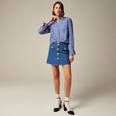 J.Crew: Button-front Denim Mini Skirt For Women Spring Denim Skirt For Workwear With Button Zip Fly, Denim Mini Skirt For Work, Chic Button-up Denim Skirt, Spring Button-up Denim Skirt For Workwear, Chic Button-up Denim Skirt With Buttons, Summer Button-up Denim Skirt For Work, Button-up Denim Skirt With Snap Buttons, Chic Mini Length Denim Skirt For Work, Chic Mini Denim Skirt For Work