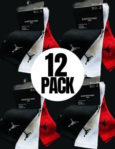 Jordan socks  4- 3 packs total 12 pairs of socks, 1 dozen  Each pack comes with 3-pairs, 4 black, 4 white, 4 red, Big discount, Nike Jumpman, Brand new, 96% polyester/2% nylon/2% spandex, secure snug fit Size large Make your basketball-themed party unforgettable with the Michael Jordan Nike Socks 3-Pack, the ultimate party favor for sports enthusiasts and basketball fans! These premium socks pay tribute to the legendary basketball icon, Michael Jordan, and are designed to provide maximum comfort Nike Party Favors, Nike Party Theme, Nike Party, Jordan Socks, Basketball Theme Party, Basketball Icon, Party Favor Ideas, Birthday Bar, Jumpman Logo