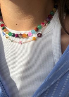 Beaded Necklace Colorful, Aesthetic Necklace Silver, Necklace Ideas Handmade, Flora Necklace, Cincin Diy, Necklaces Colorful, Beads Ideas, Colorful Necklace, The Big City