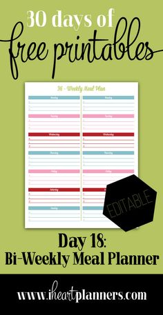 a printable meal planner with the text 30 days of free printables