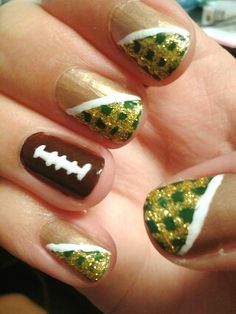 Green and gold football nails. #USF Nails Guys, Cool Nails, Usf Bulls, Gold Football, Im So Excited, Glamour Nails, Hair Skin Nails