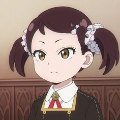 an anime character with brown eyes and short hair wearing a black jacket, red tie and white flower in her hair